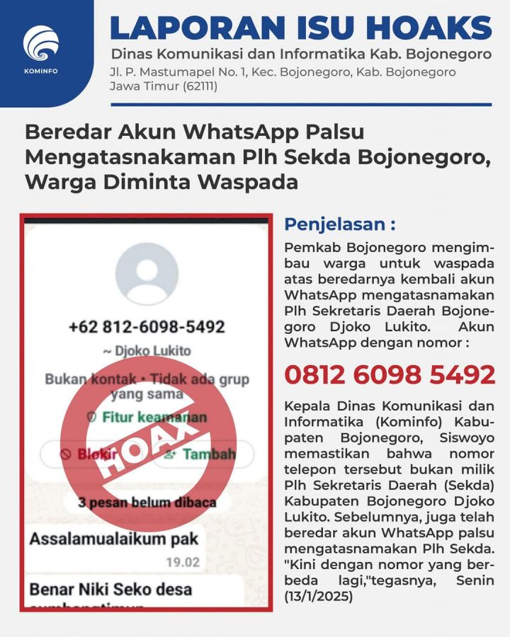Beredar Akun WhatsApp Palsu Mengatasnakaman Plh Sekda Bojonegoro