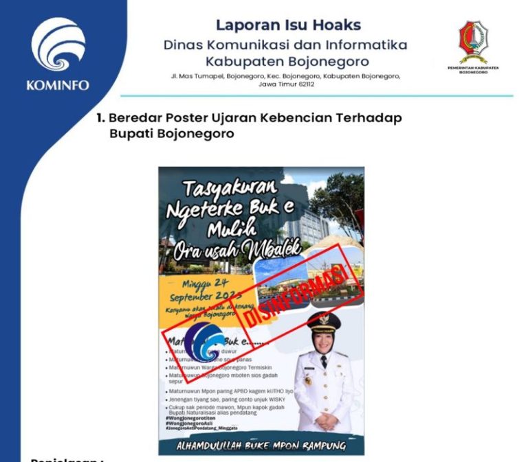 Beredar Poster Ujaran Kebencian Terhadap Bupati Bojonegoro, Kominfo Imbau Saring Sebelum Sharing