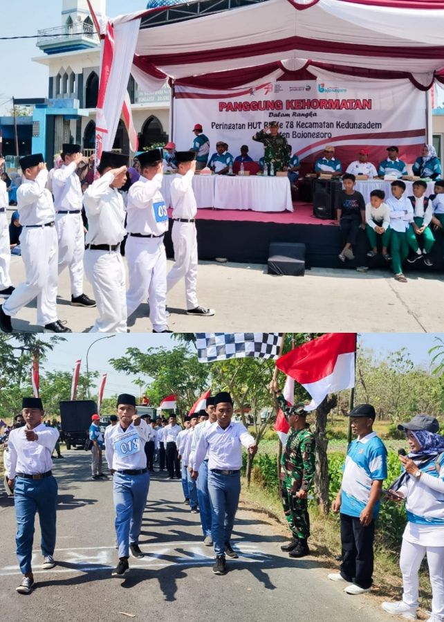 Bersama Forkopimcam, Bati Tuud Koramil Kedungadem Bojonegoro berangkatkan Peserta Lomba Gerak Jalan