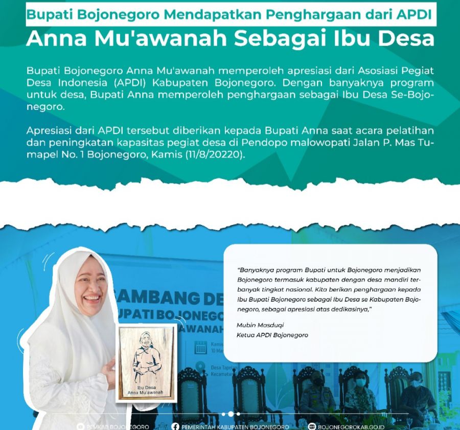 Bupati Anna Dapat Penghargaan dari APDI, Jadi Ibu Desa se-Bojonegoro  