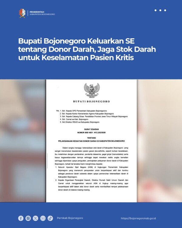 Bupati Bojonegoro Keluarkan SE tentang Donor Darah