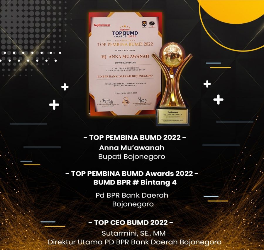 Bupati Bojonegoro Raih Penghargaan Top Pembina BUMD Awards 2022 Terbaik di Indonesia 