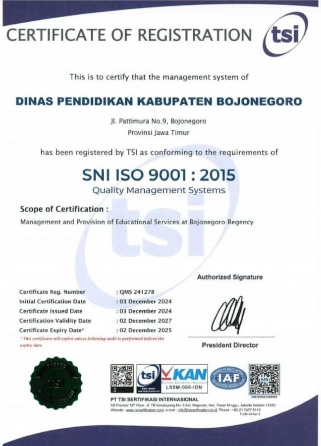 Dinas Pendidikan Bojonegoro Raih Sertifikat ISO 9001:2015