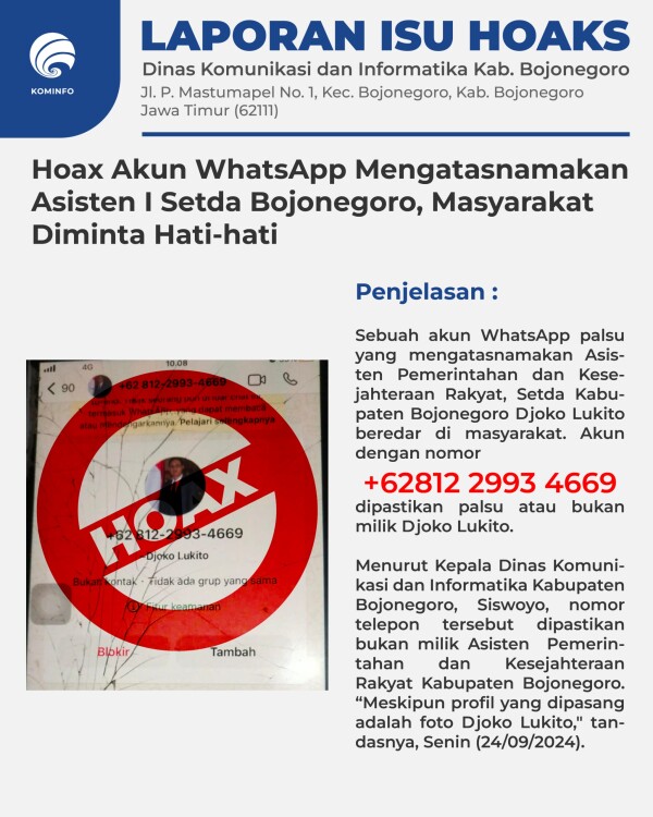 Hoax Akun WhatsApp Mengatasnamakan Asisten I Setda Bojonegoro, Masyarakat Diminta Hati-hati