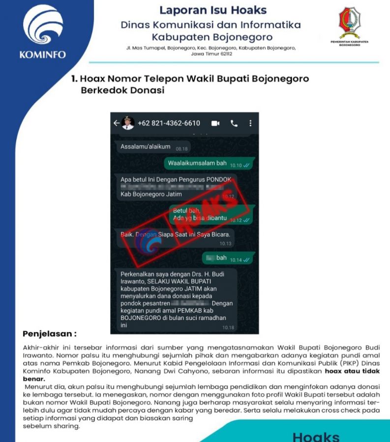 Hoax Nomor Telepon Wakil Bupati Bojonegoro Berkedok Donasi