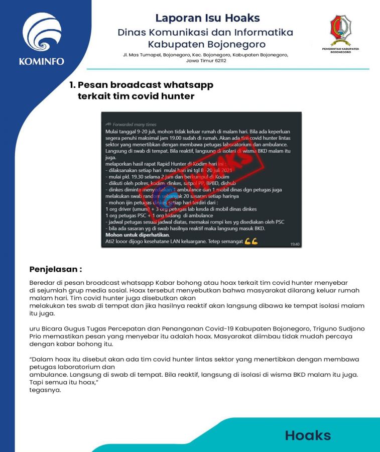 Hoax Tim Covid Hunter Turun Malam Hari, Masyarakat Diminta Tak Percaya