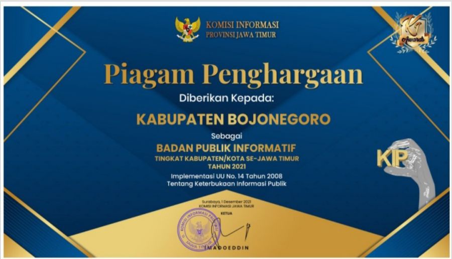 Pemkab Bojonegoro Raih Penghargaan Kategori Tertinggi Komisi Informasi Jatim