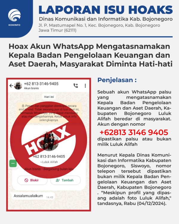 Pemkab Imbau Warga Waspada Akun WhatsApp Palsu Mengatasnamakan Kepala BPKAD