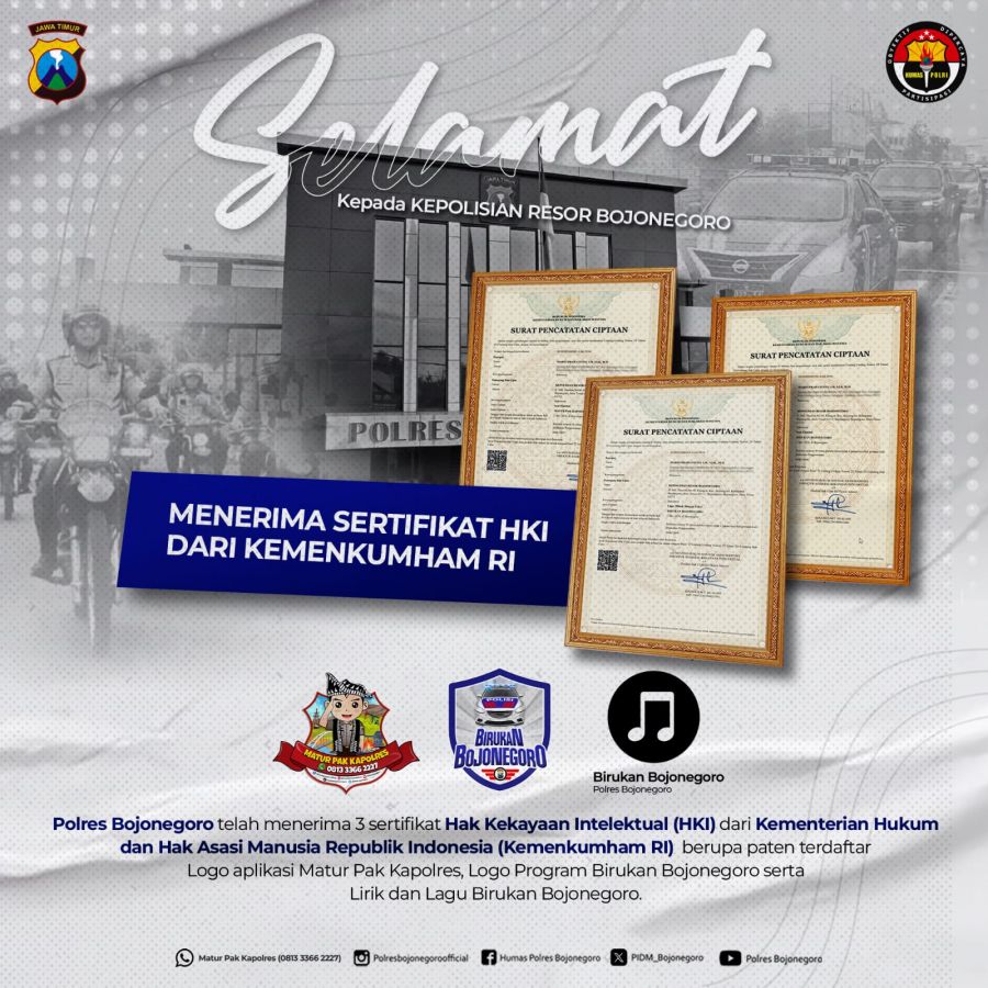 Polres Bojonegoro Terima 3 Sertifikasi Hak Paten dari Kemenkumham