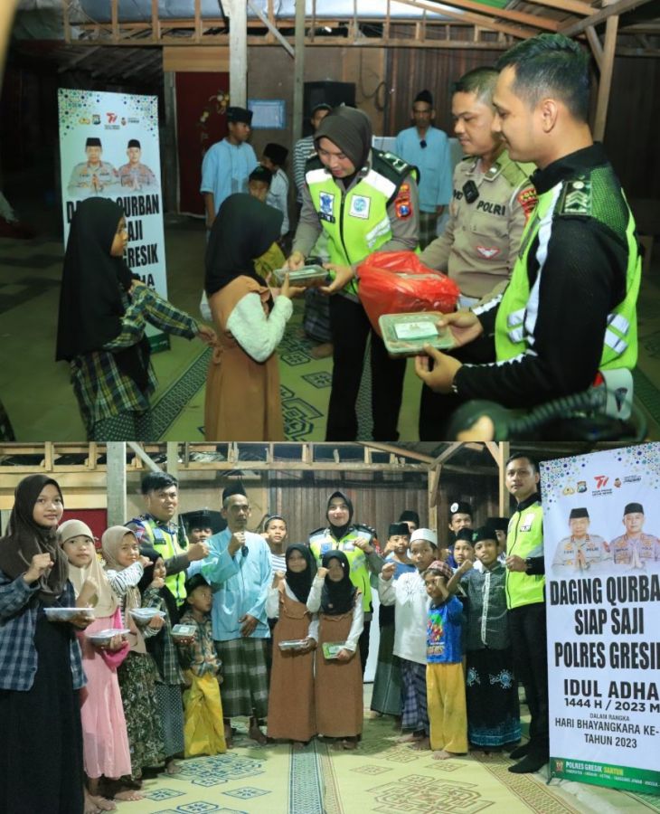 Polwan Satlantas Polres Gresik Masak Daging Kurban Siap Saji Dibagikan ke Ponpes