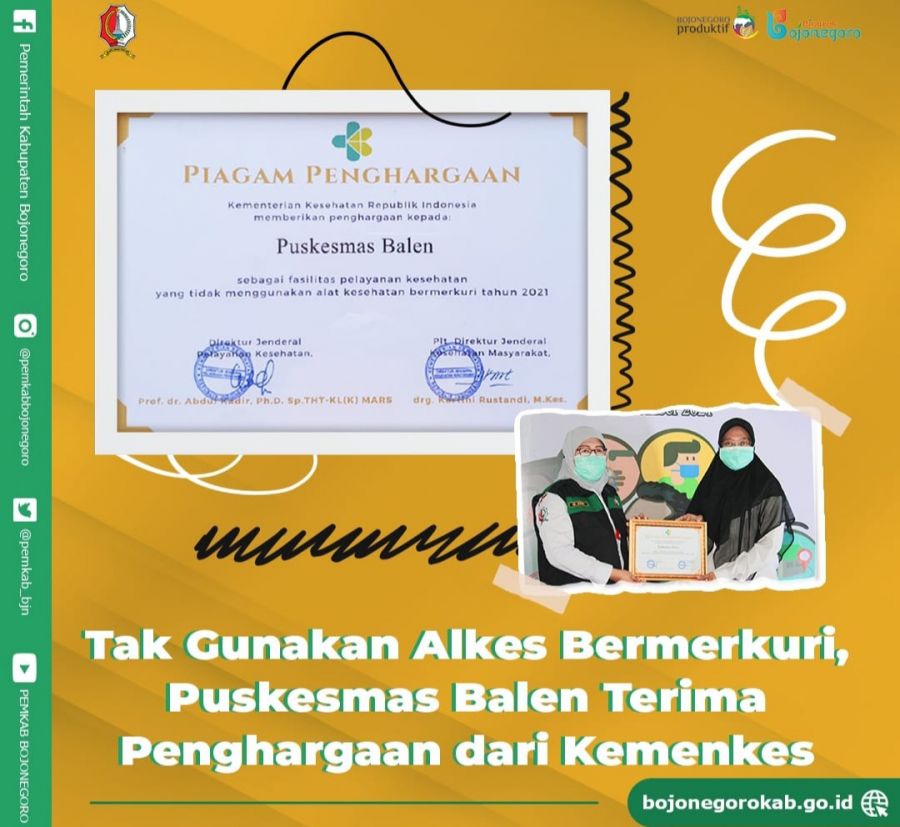 Puskesmas Balen Terima Penghargaan dari Kemenkes Atas Keberhasilannya Gunakan Alkes Tanpa Merkuri