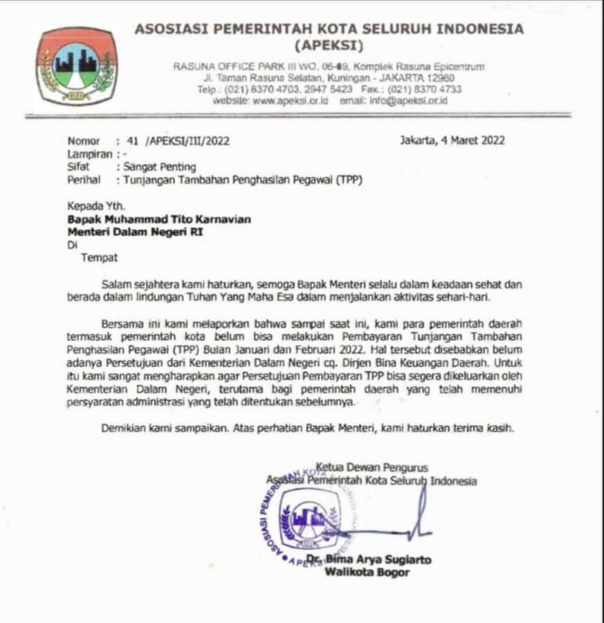 Realisasi TPP Bagi ASN Tunggu Kemendagri, APEKSI Kirim Surat Persetujuan Permohonan